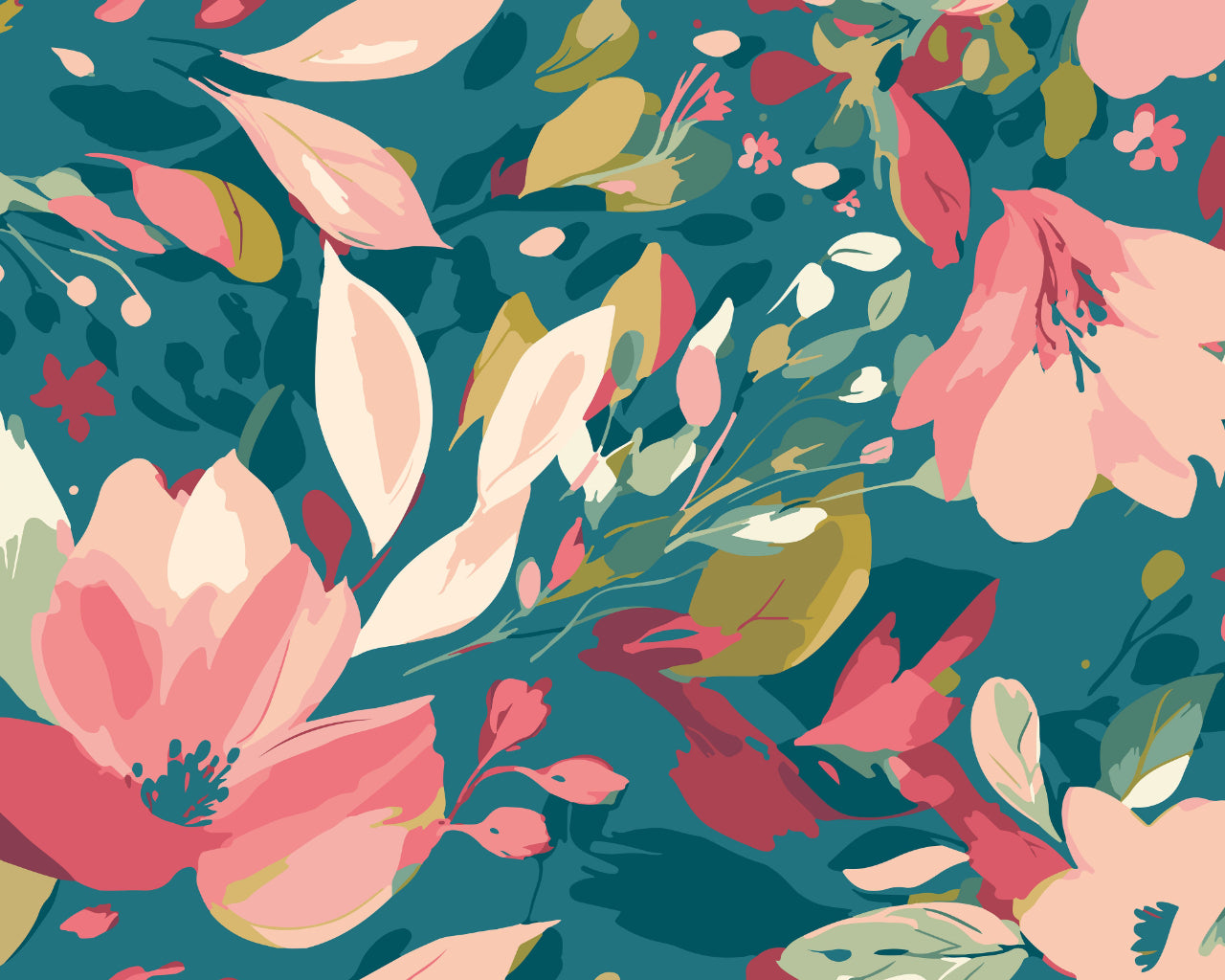 FLOWING FLOWERS - Teal Blue & Coral