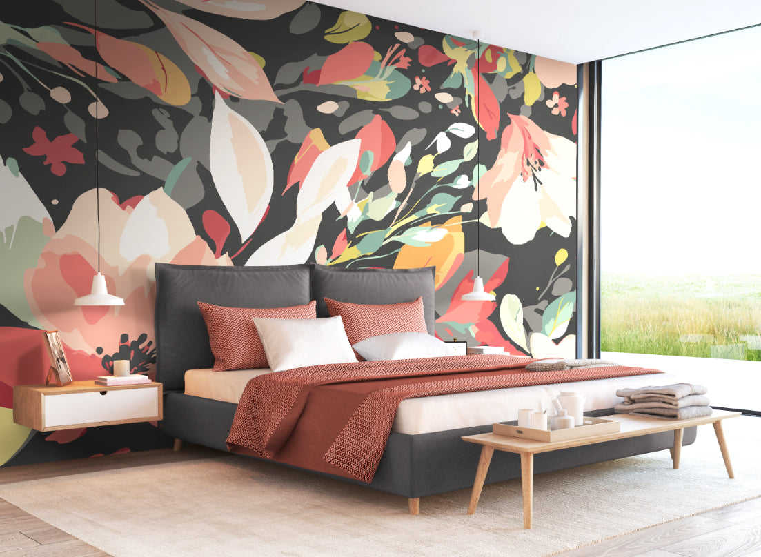 FLOWING FLOWERS - Charcoal Black & Red