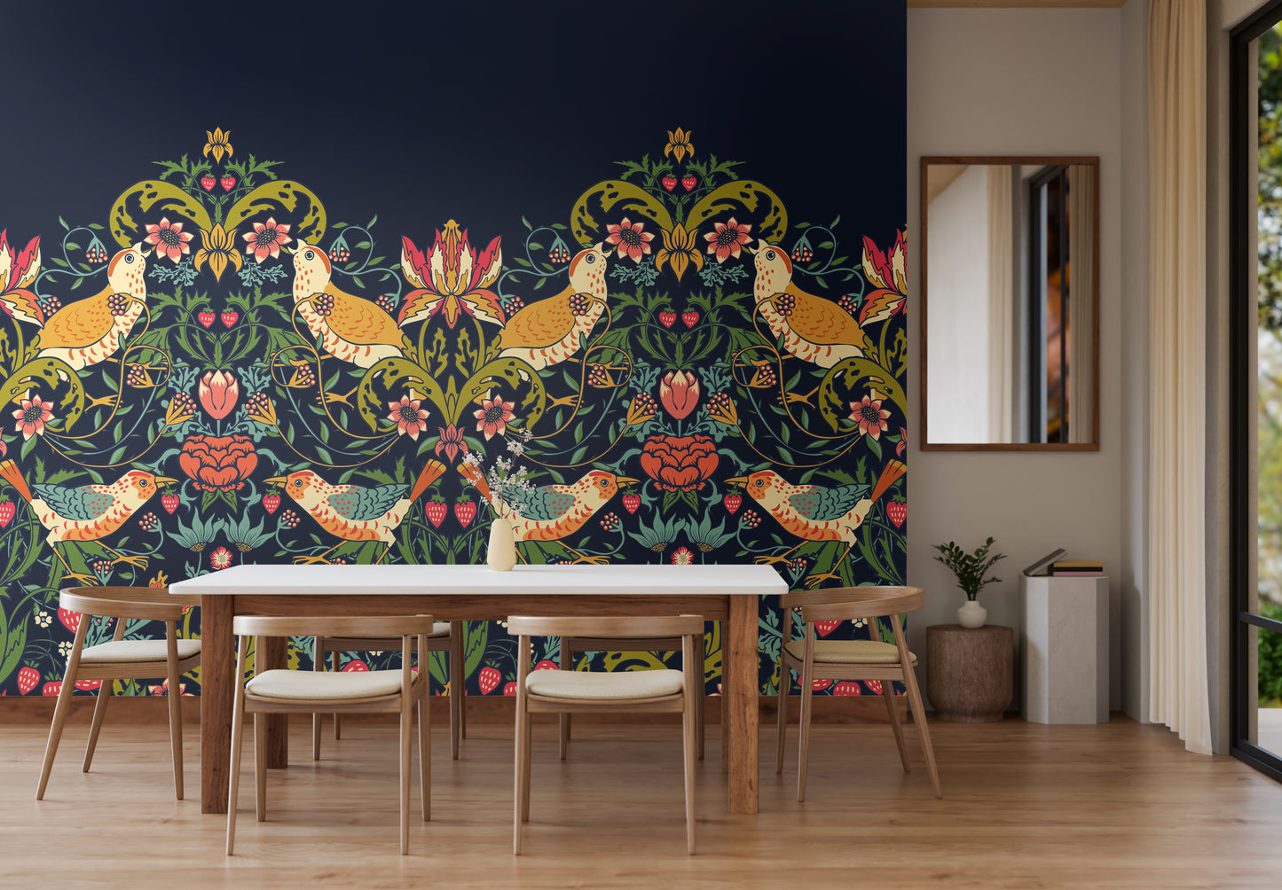 BIRDS, FRUIT AND FOLIAGE - Navy and Coral
