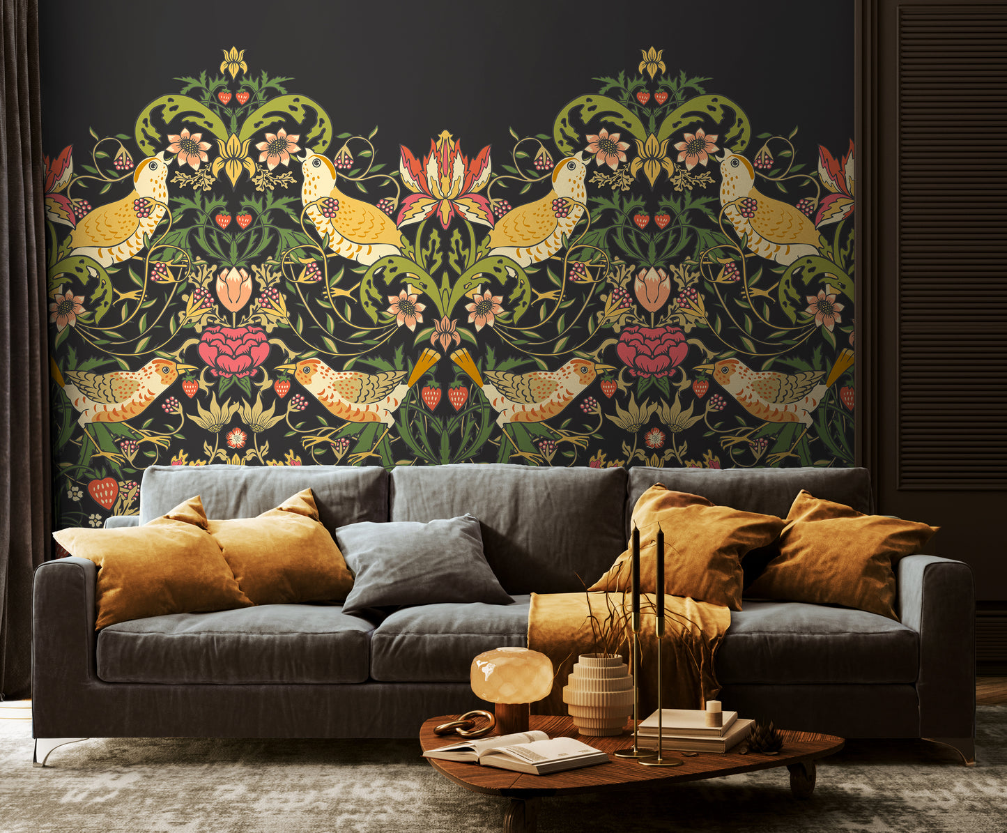BIRDS, FRUIT AND FOLIAGE - Black and Olive