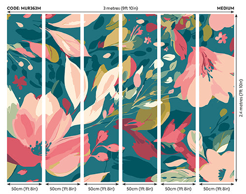 FLOWING FLOWERS - Teal Blue & Coral