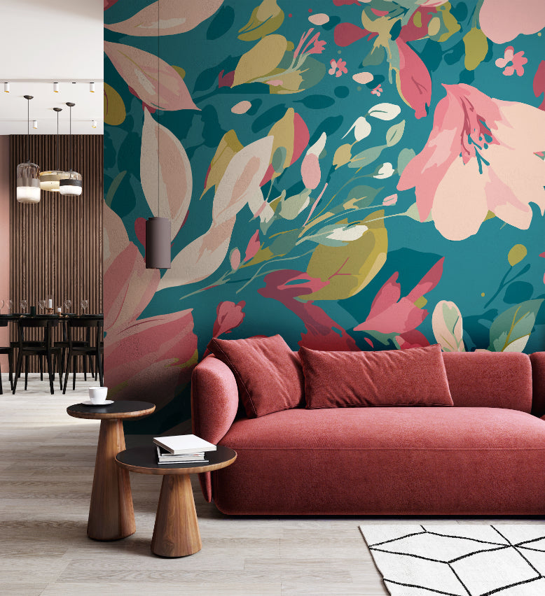 FLOWING FLOWERS - Teal Blue & Coral