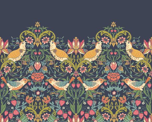 BIRDS, FRUIT AND FOLIAGE - Navy and Coral